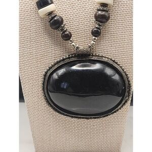 Bohemian Multi Strand Wood Bone Bead Necklace Large Black Oval Statement Pendant
